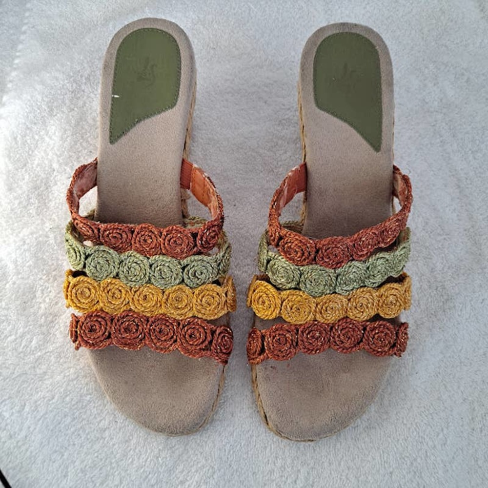 LifeStride 8.5M Wedge Slide Sandal Rust Green Gold Strap  Metallic Threads Jute